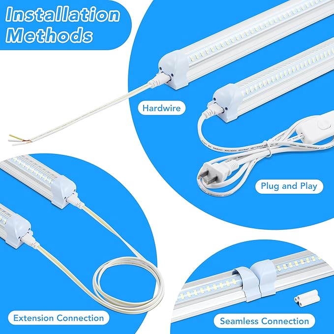 10 Pack 8FT T8 LED Shop Lights, 120W Integrated Tube Light, 19200LM 6000-6500K Daylight, Linkable Lighting, Plug & Play Energy-Saving Commercial Bay Lighting Garage Warehouse Basement (V4-4)