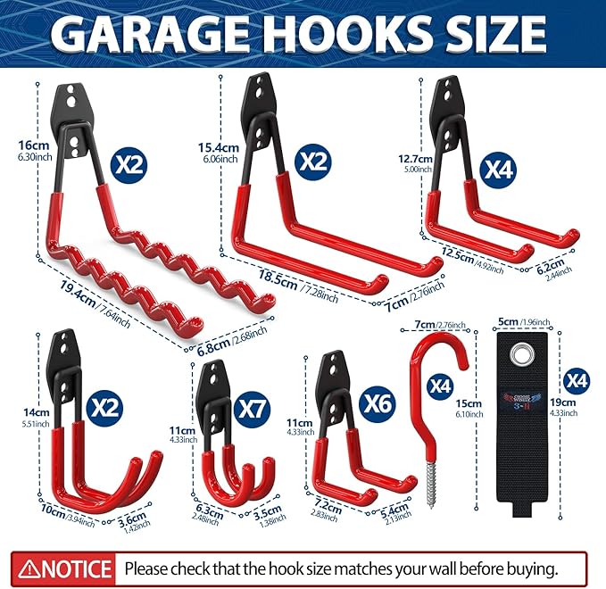 3-H Garage Wall Hooks 31 Pack, Garage Hooks Heavy Duty with Extra Welding Spots, Garage Organizer for Garden, Lawn, Yard Tools, Chairs, Ladders, Weed Eater, Shovel, Blower (Red)