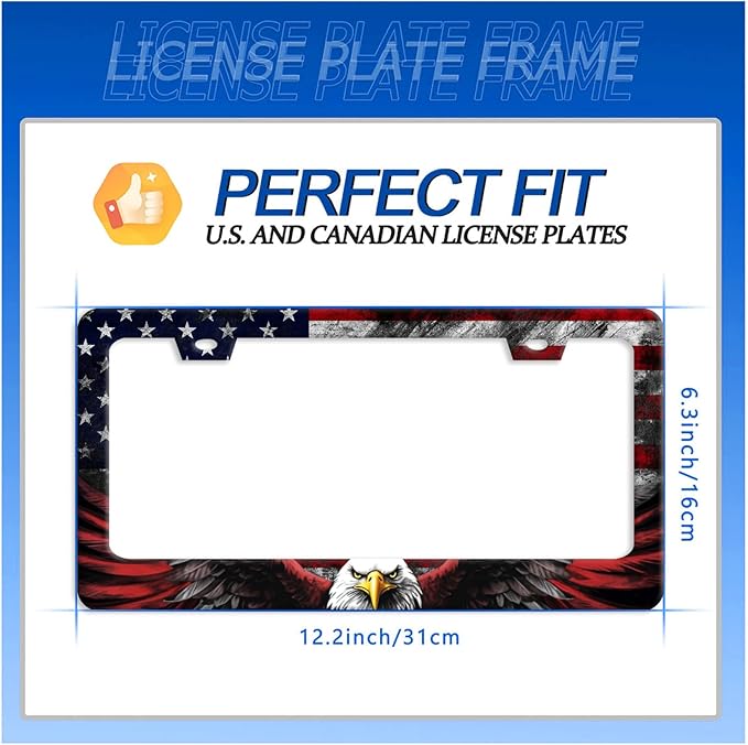 American Flag Eagle Patriotic License Plate Frame USA Flag License Plate Stainless Steel Funny License Plate Holder for Men Women Colorful Car Accessories Decoration 12.3" x 6.3"