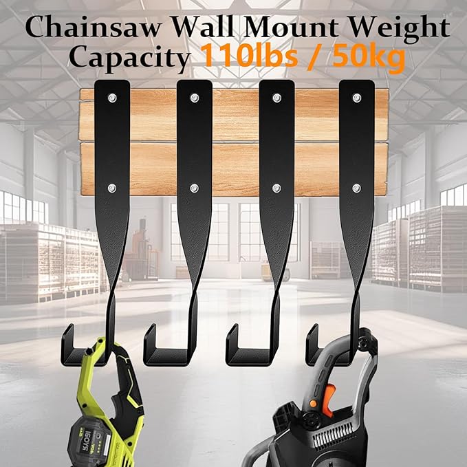 4PCS Chainsaw Wall Mount Storage Rack, Heavy-Duty Chainsaw & Tool Wall Mount Holder, Weed Eater String Trimmer Hanger, Backpack Blower Storage Hooks for Garage Organization