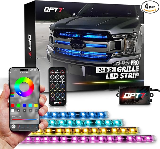OPT7 Aura Pro RGB LED Grille Lights with App & Remote Control, 4pc 24" Light Strips, Waterproof Front Grill Lighting, Music Sync, Multi-Color, Trucks Decor Accessories for Tacoma Tundra 4Runner