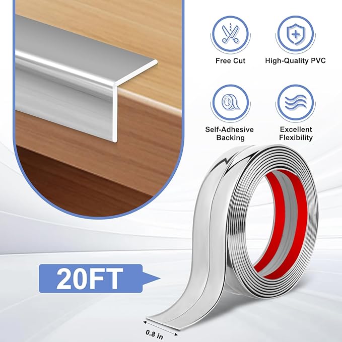 Wall Corner Protector Moulding Trim Peel and Stick Wall Corner Guards Trim Flexible Self Adhesive Edge Protector Moulding, 0.8 in x 20 Ft, Silver