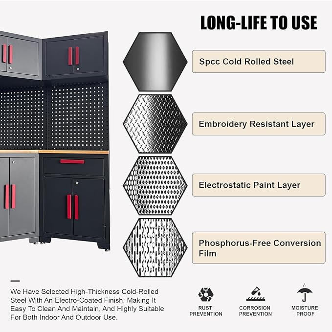Red Garage Cabinet Storage System 10-Pcs Corner Workshop Set Garage Cabinet and Storage System for Tool Organization