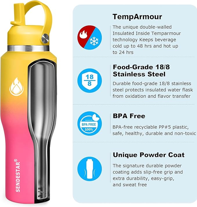 SENDESTAR 40oz Stainless Steel Water Bottle(Cold for 48 Hrs, Hot for 24 Hrs),Double Wall Vacuum Insulated Bottle with Straw Lid, Spout Lid and Flex Cap, Fit in Any Car Cup Holder