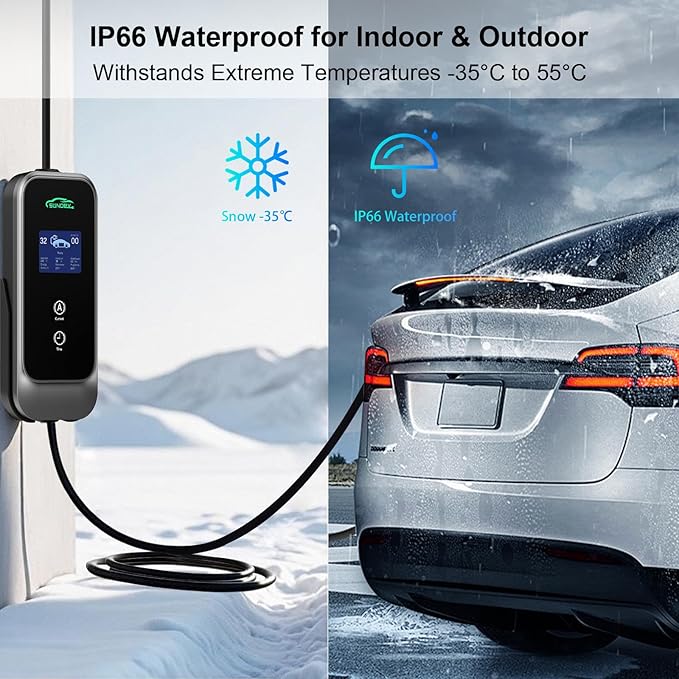 Level 2 EV Charger, 32A 240V Electric Car Charger for SAE-J1772 EVs, Indoor/Outdoor Portable EV Chargers with 25FT Cable, NEMA 14-50 Plug, Adjustable Current & Schedule Charging Time