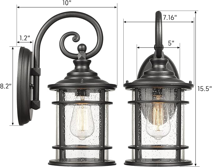 Emliviar Modern Outdoor Wall Lantern - Exterior Carriage Light for Garage Front Porch with Seeded Glass Shade, 15.5 Inch Height, Black Finish, XE229B BK