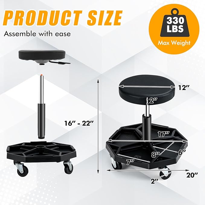 Adjustable Mechanic Rolling Stool, Pneumatic Rolling Stool with Wheels, Tool Storage Tray & Padded Seat Cushion, Garage Stool Chairs Creeper Seat (Black)