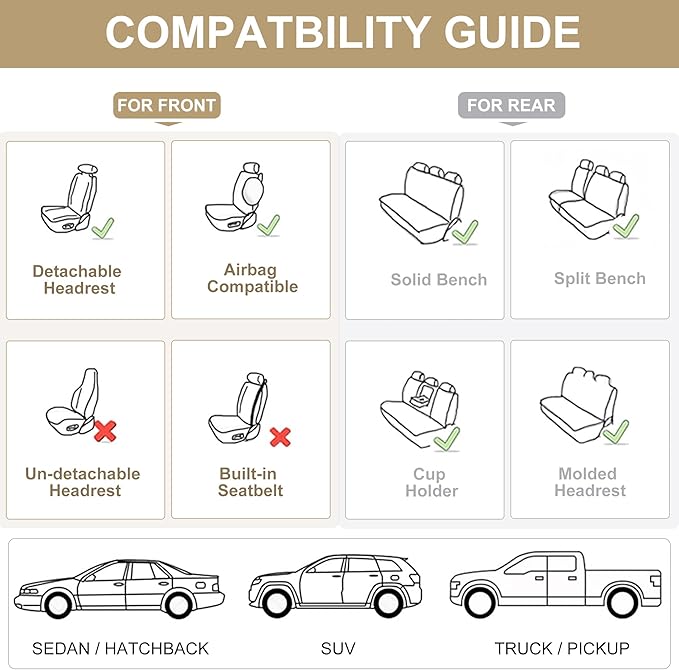 Car Seat Covers Full Set, Front and Rear Seat Covers for Cars, Waterproof Leather Auto Seat Protectors with Head Pillow, Car Seat Cushions Fit for Most Sedans SUV Pick-up Truck, Beige