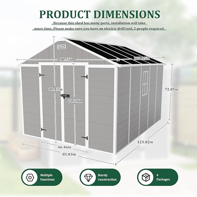 MyVoice 10x8 FT Outdoor Resin Storage Shed with HD Window, Rustproof Waterproof Garden Tool Shed, 12mm Thickened PP Panels, Large Capacity Outdoor Utility House for Backyard Patio (with Floor)