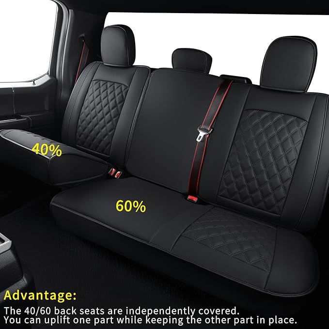 LUCKYMAN CLUB F150 Faux Leather Seat Covers Fit for 2015-2024 2025 F150 SuperCrew and 2017-2025 F250 F350 F450 Super Duty Crew Cab Pickup Trucks(Rear,Black)