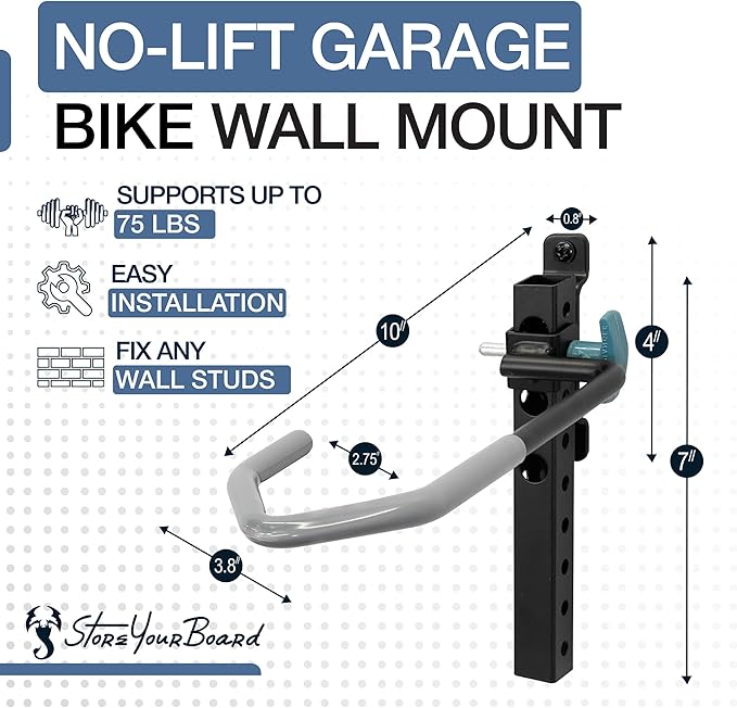 WheelRest Bike Hook, No-Lift Garage Wall Mount, Vertical Bicycle Storage Rack, Adjustable Bike Hanger for MTB, Road, eBike, 4 Pack