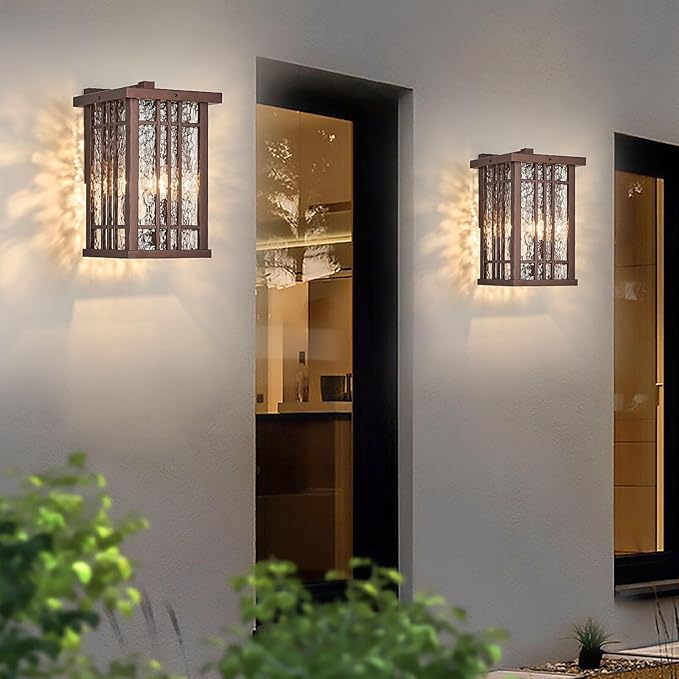 2-Light Outdoor Wall Light E26 Base Metal Frame - Brown Exterior Waterproof Lanterns with Clear Glass,Porch Wall Mount Lighting for Garage, Patio(Bulb not Included)