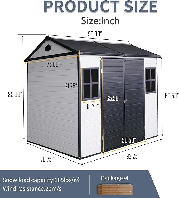 8x6 FT Outdoor Storage Shed, Resin Garden Shed with Thick Floor, Plastic Storage Shed with 2 Windows, Waterproof Outside Tool Shed with Lockable Hinged Doors for Backyard, Patio, Lawn, Black+White