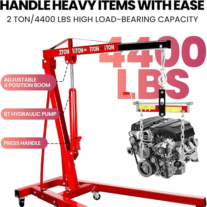 2 Ton Folding Engine Hoist, 4400lbs Hydraulic Cherry Picker Engine Hoist with 6 Casters, Heavy Duty Engine Lift for Garage, Workshop, Automotive Repair (Red)