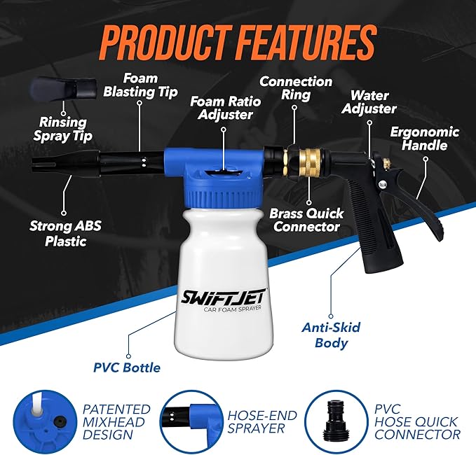 SwiftJet Car Wash Foam Gun + Microfiber Wash Mitt - Car Foam Sprayer - Car Wash Kit - Foam Cannon Garden Hose Sprayer - Car Accessories for Men - Snow Foam Blaster (Blue Foam Gun with Mitt)