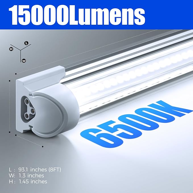 Barrina 8FT LED Shop Light, 100W 15000LM 6500K Super Bright White, Linkable Integrated T8 Shop Lighting with Clear Cover, V Shape 8 Foot LED Tube Lights, Ceiling Lights Fixtures for Garage, 12 Pack