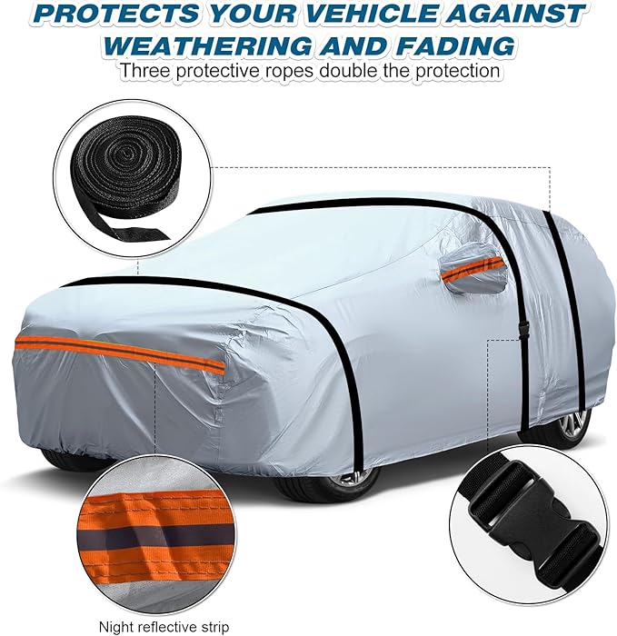 TUCAREST 6 Layers Full Car Cover for Sedan/Wagon/Coupe/Hatchback - Waterproof, Insulated, Anti-UV, Snow-Proof, Anti-Wind, All-Weather, Thickened Protection, up to 208 in
