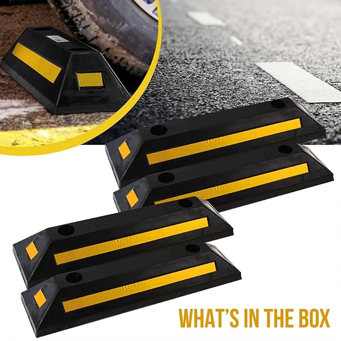 4-Pc Curb Garage Vehicle Floor Stopper for Parking Safety 1PC Heavy Duty Rubber Parking Lot Driveway Stopper, For Car Vans Trucks Tire Wheel Guide Block Protect Bumper- Pyle PCRSTP11X4