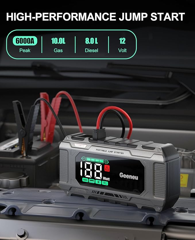 Battery Jumper Starter Portable 6000A Car Jump Starter, 12V Jump Box for Car Battery Charger Power Pack for 8.5L Gas/7L Diesel, QC 18W, Large Screen, Lights