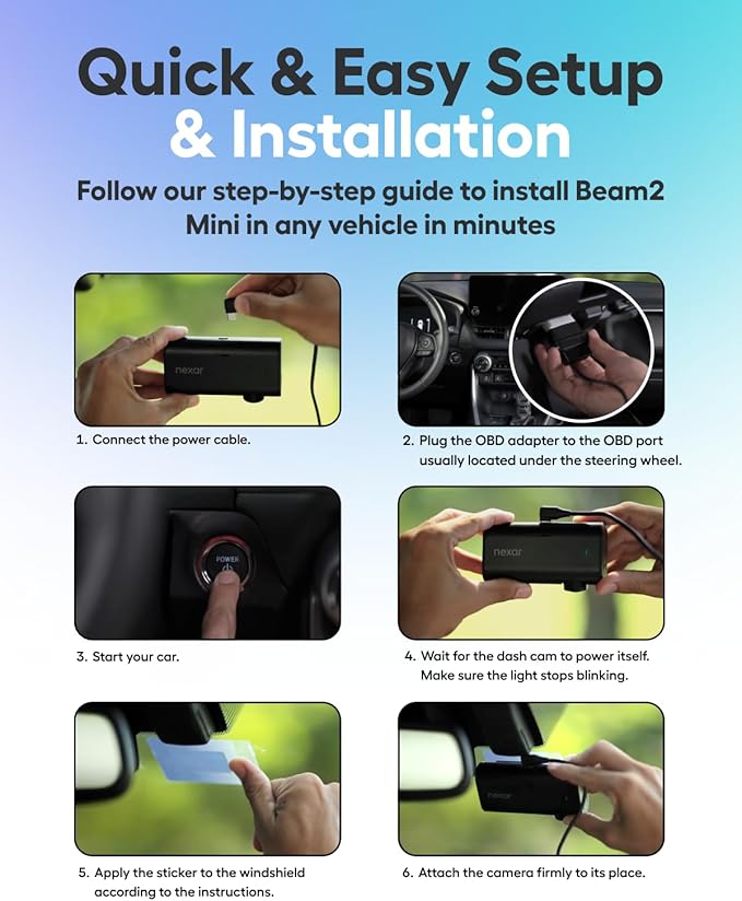 Nexar Beam2 Mini Dash Cam Car Camera 128GB Storage 24H Parking Mode Wide Angle FHD Lens Wireless Dash Camera for Cars Includes $25 OBD Hardwire Kit for Continuous Power