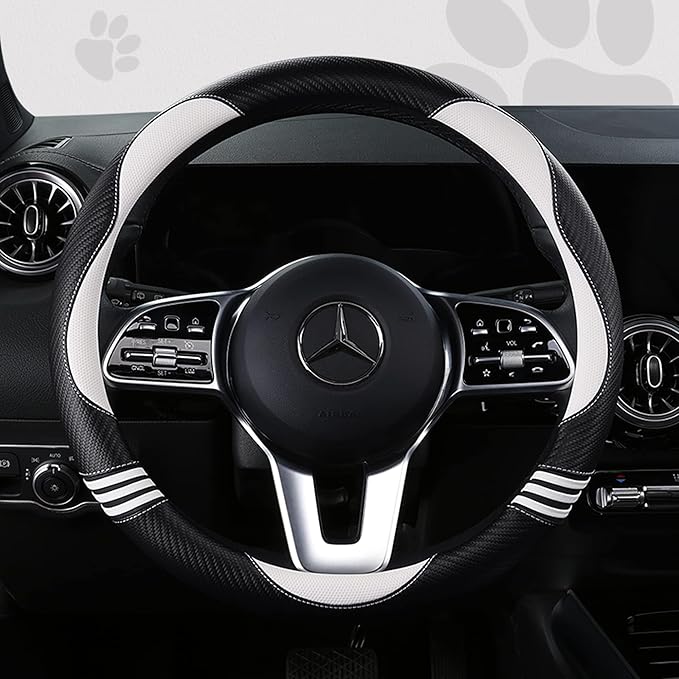 Car Steering Wheel Covers for Women Padded Carbon Fiber PU Leather Cute Auto Interior Accessories for Vehicle, Sedan, Universal, Anti Slip, White, Standard Size 14.5-15"(37-38cm)