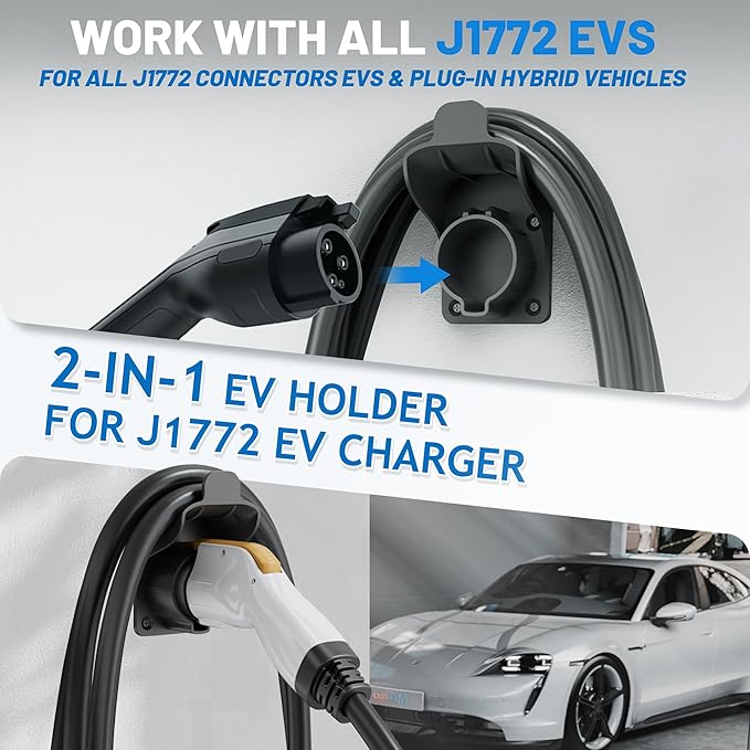MECMO EV Charger Holder SAE J1772 Wall Mount Charging Cable Hanger Organizer, Nozzle Holster Dock Electric Vehicle EVSE PHEV Car Plug Space Saving Garage Wall Connector Cord Hook for Outdoor Indoor
