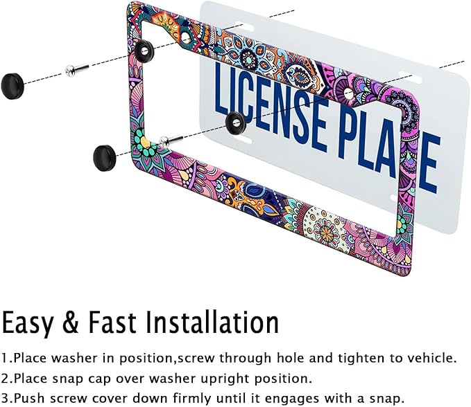 Mandala License Plate Frame, Boho Floral License Plate Holder, Flower Car Tag Holder Metal Aluminum Rustproof Car Accessories for Women Men 2 Holes with Screw Caps