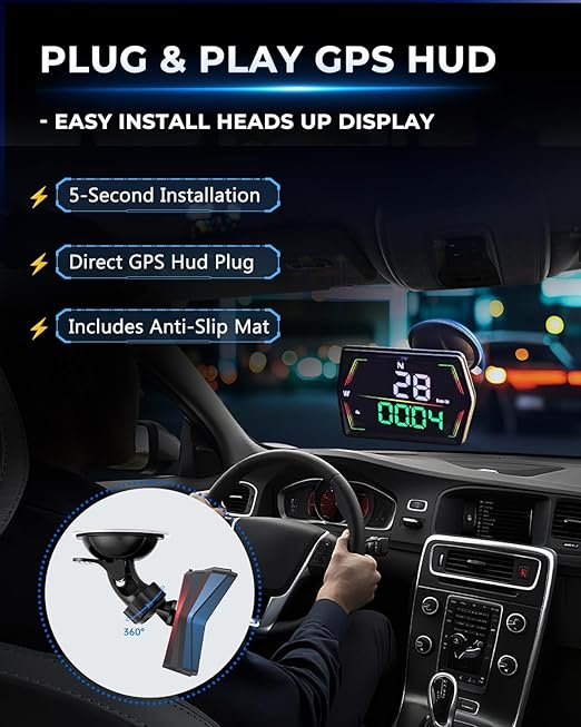 GPS Heads Up Display for Cars HUD, Real-Time Digital Gauge Speedometer, Upgraded 4" Large-Screen, 3-Level Speed Alerts & Fatigue Warning Suitable for All Vehicles