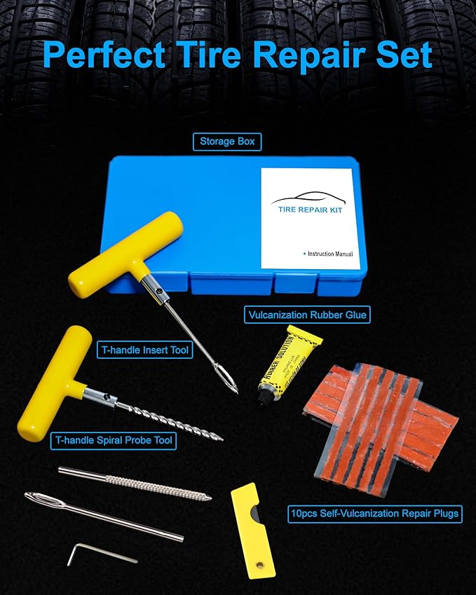 Tire Repair Kit with Plugs, Tire Plug Kit Heavy Duty Professional for Car, ATV, Motorcycle, Truck, Flat Tire Emergency Repair