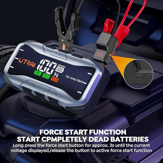 UTRAI 6000A Portable Jump Starter for Car, 12V Battery Jumper 27000mAh Jump Box for All Gas and 12L Diesel Engines, 65W Fast Charging Type-C Jump Pack, 2 USB Output, DC Output, 600LM LED Flashlight