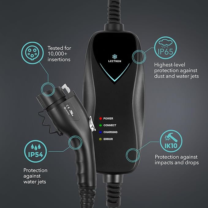 Lectron Level 1 EV Charger - ETL Certified, 110V, 15 Amp, 16 ft Extension Cord & J1772 Cable - Portable Electric Car Charger for J1772 EVs with NEMA 5-15 Plug