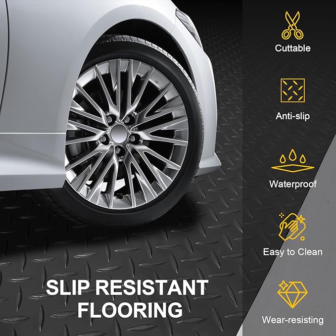 Garage Floor Mat 2.8mm Thickness PVC Garage Flooring Roll Diamond Plate Floor Mats for Garage, Workshop, Gym, Golf Cart Parking or Trailers (Black, 7.5 x 20 FT)