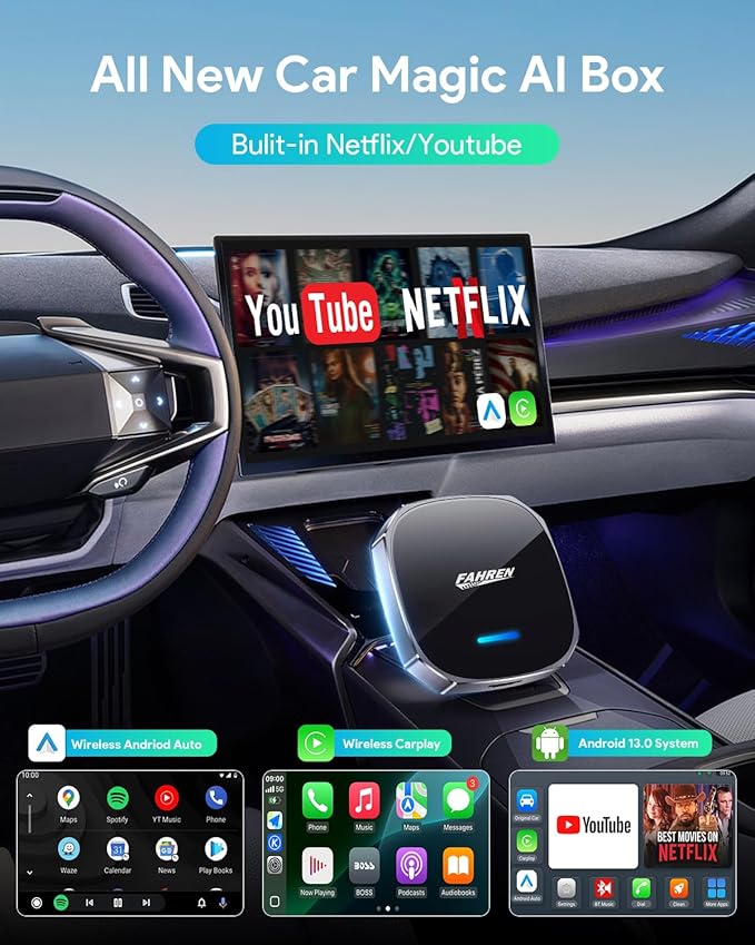 FAHREN Wireless CarPlay Adapter for iPhone& Android Auto, Support Netflix/YouTube, Mini Android Auto Wireless Adapter, Plug & Play,Only Fit with The 2018+ Cars with OEM Wired CarPlay