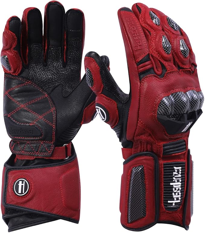 Harssidanzar Leather Motorcycle Gloves for Men and Women,Powersports Carbon Fiber Knuckle Protection Motorbike Gloves KM045