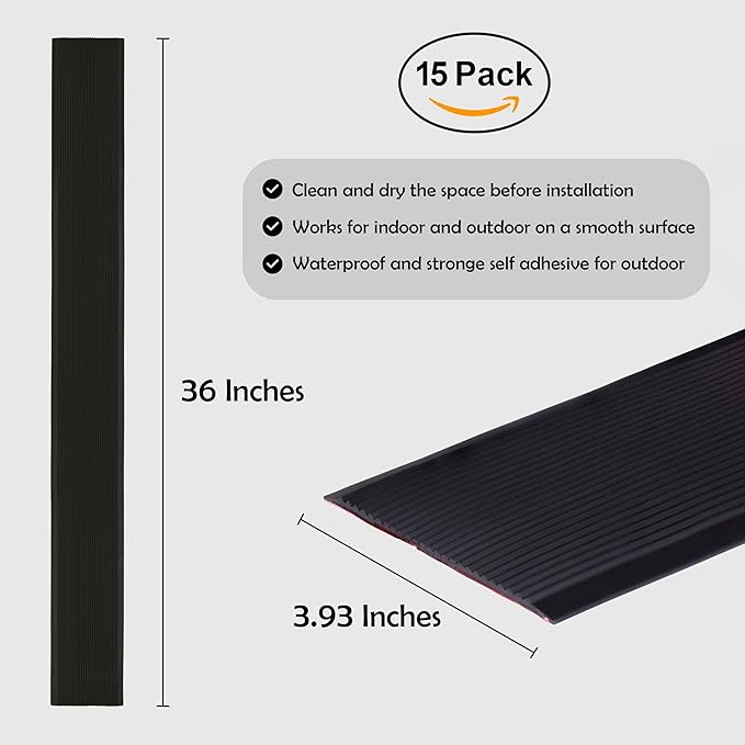 Rubber Bond 4x36in Anti Slip Stair Treads (15-Pack) - Waterproof Outdoor/Indoor Heavy Duty Non-Skid Tape for Stairs - Adhesive Rubber Grip Strips for Steps & Ramps - Black