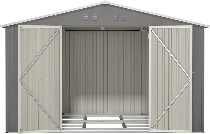 10X8 FT Outdoor Metal Storage Shed with Lockable Door & Floor Frame, Heavy-Duty Garden Tool Shed, Weatherproof Steel Utility Shed for Backyard, Patio, or Lawn Organization