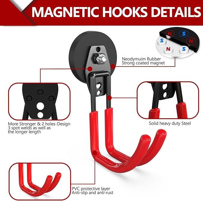 3-H Heavy Duty Magnet Garage Hooks 2 Pack, J Shape Strong Magnetic Hooks for Hanging Cordless Power Drill, Utility Magnetic Tool Holder for Metal Cabinet, Steel Pegboard, Toolbox, Garage(Red)