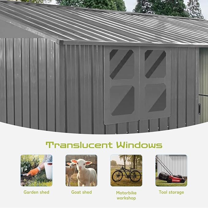 12x10 Ft Storage Shed Outdoor, XL Permanent Steel Building with Window, Sliding Doors and 4 Air Vents for Backyard Garden Patio Lawn - Grey