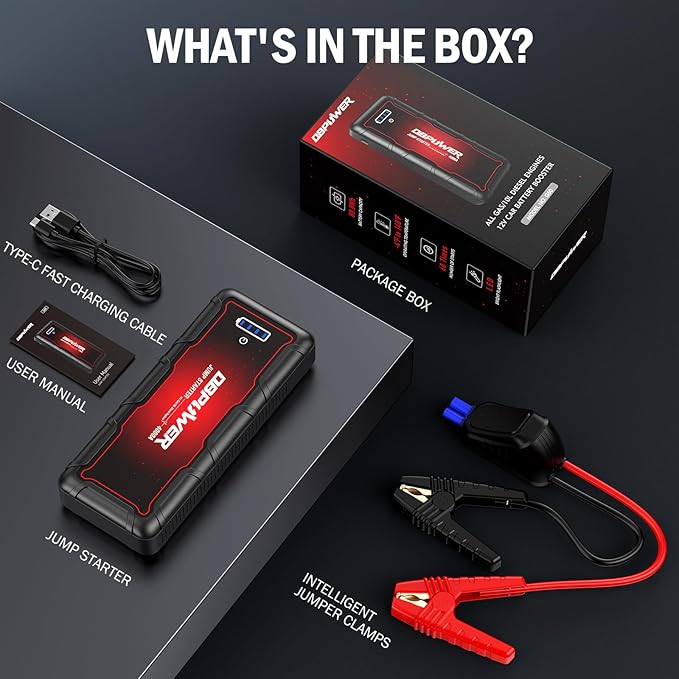 DBPOWER Jump Starter 4000A Peak 88.8Wh Portable Car Jump Starter (Up to All Gas/10L Diesel Engine) 12V Auto Battery Booster Pack with Smart Clamp Cables,Quick Charge, LED Light Jump Box