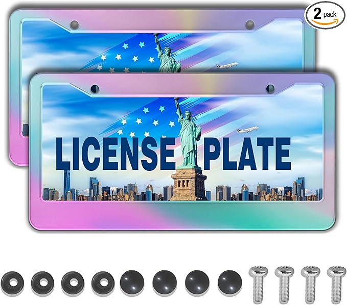 License Plate Frame Holder Rainbow License Plate Frames for Women Iridescent Women Universal Aluminum Car Accessory 2 Pack with Screw Covers Set