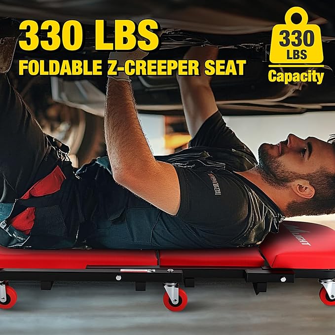 Nilight 40" Z Creeper - 2-in-1 Folding Rolling Mechanic Seat, 40 inches Adjustable Lay-Down or Sit Garage Chair, 330 lbs Capacity, Red Black