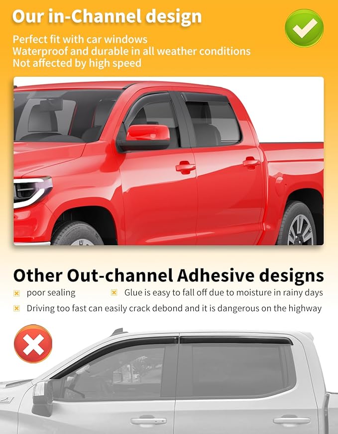 in-Channel Window Rain Guards Fit for Truck Toyota Tundra 2007-2021 CrewMax Extra Durable Window Deflectors Window Visors Vent Visors Vent Shades Car Accessories-4 pcs Q27