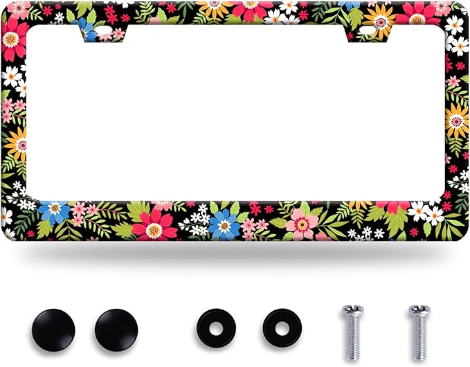 Folk Art Flowers License Plate Frame Funny Colorful License Plate Frames Stainless Steel Accessories Cars Decor with 2 Holes and Screws Fits Standard Us Ca Vehicles License Plate Holder 12.2 X 6 Inch