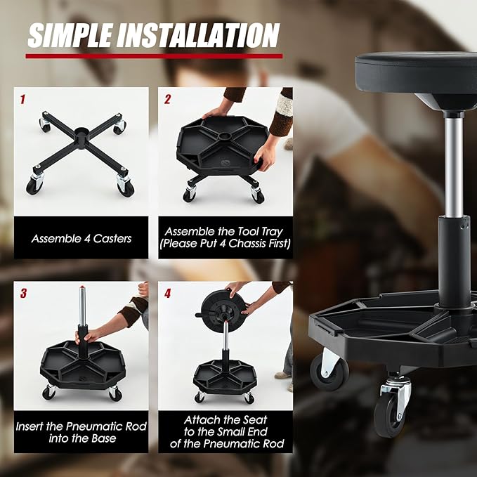 Goplus Mechanic Stool, Rolling Garage Chair with 16”-22” Adjustable Height, Removable Magnetic Tool Tray, 2” Thick Padded Cushion, Universal Wheels, 330LBS, Roller Creeper Seat (Black)