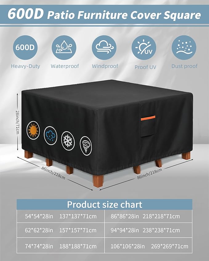 Outdoor Waterproof Furniture Cover, 86W x 86L x 28H inches Heavy Duty 600D Square Table and Chair Set Protection, Black