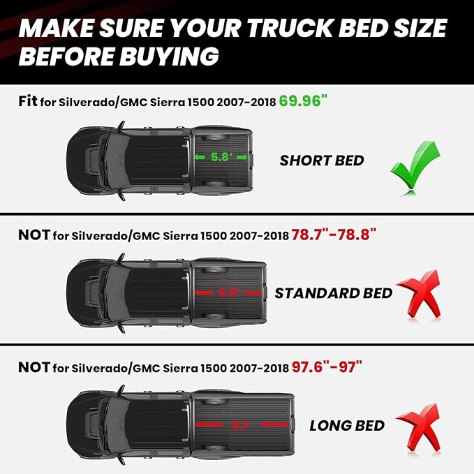 LASFIT Truck Bed Mat 2007-2018 (Only Fit 5.8 FT Bed, Not Fit 6.5FT/8.1FT Bed) for Chevrolet Silverado/GMC Sierra 1500, All Weather TPE Custom Fit Bed Liner, 2007 New Body Only, 1PC Black
