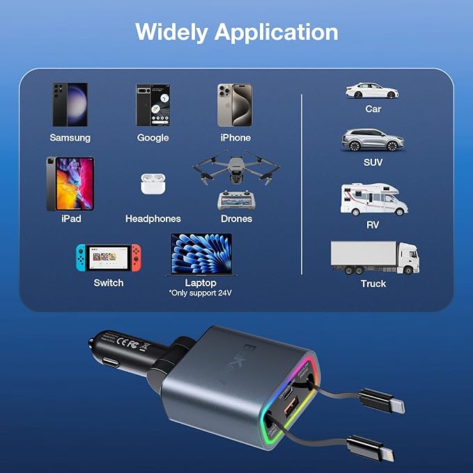 Retractable Car Charger 4 in 1, 131w Cigarette Lighter Adapter USB C, Type C Retractable Fast Charging Car Charger Adapter Multi Port for iPhone16/15/14/13/12/11, Samsung and More