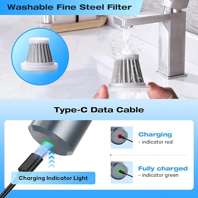 MENDED Handheld Car Vacuum Cleaner Portable Cordless,3 in 1 High Power Hand Vacuum Cordless Rechargeable with One Click Dust Removal for Car,Office and Home Cleaning 15000PA HL127 Silver