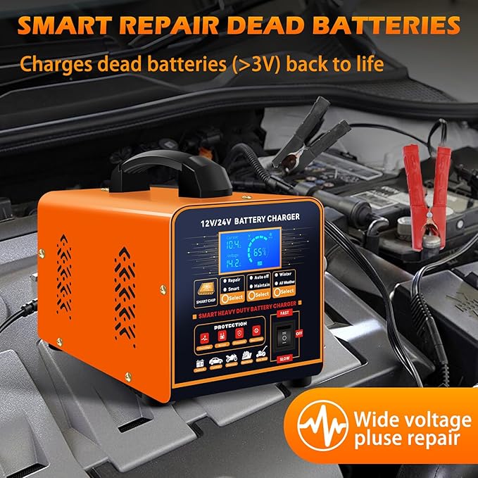 SolaMr 12V 24V Heavy Duty Car Battery Charger, 0-20A Trickle Charger for Car Truck Motorcycle Lawn Mower Battery AGM, Metal Case Smart Battery Maintainer with Automatic Shutoffs, Repair, Winter Mode