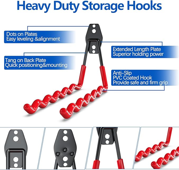 Garage Hooks 14PC,Shed Organizer with 1 Extra Round Strengthen Welding Spot,Garage Hooks for Hanging & Organizing Shovel,Rake,Chair,Hose(red)